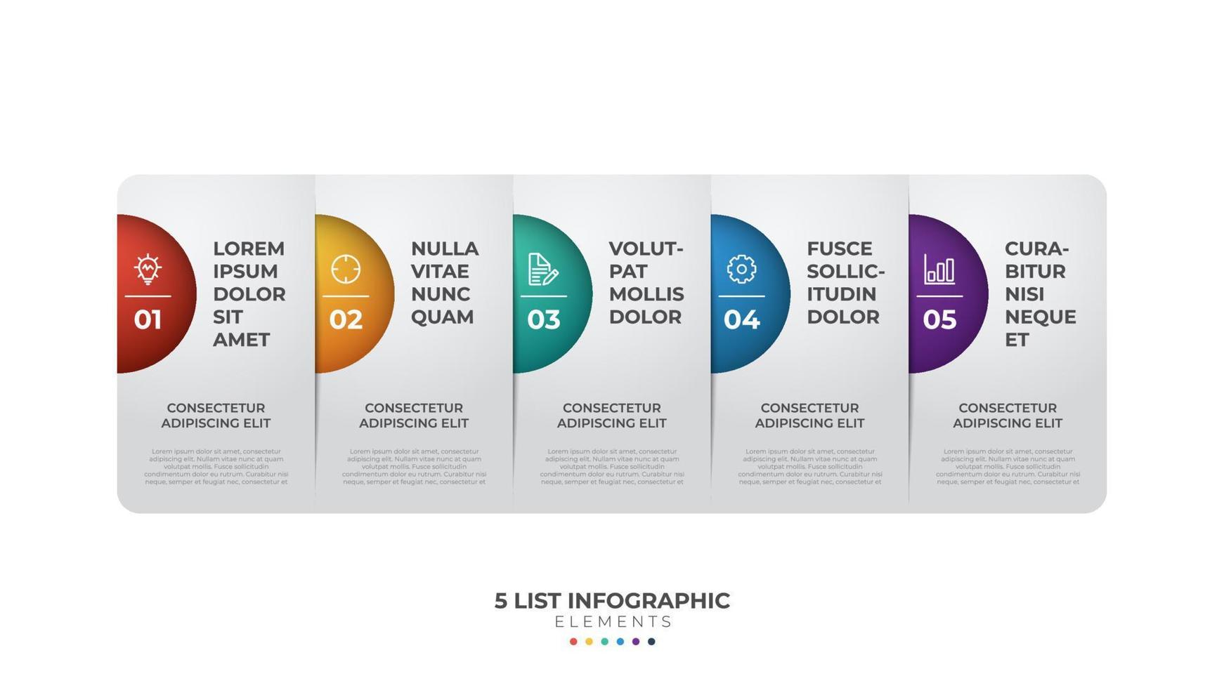 5 list of steps, horizontal layout diagram with number of sequence, colorful and modern infographic element template vector