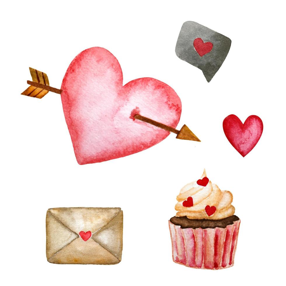 conjunto de acuarela de artículos del día de san valentín. sobre de acuarela, corazón, cupcake de acuarela. vector