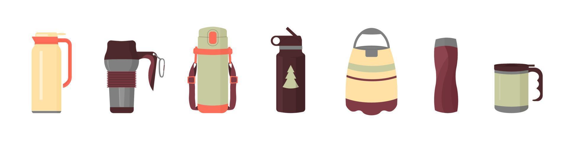 Coffee bottle set. Flat illustration of a cup for a drink, water. Vector travel mug for tea and tumbler