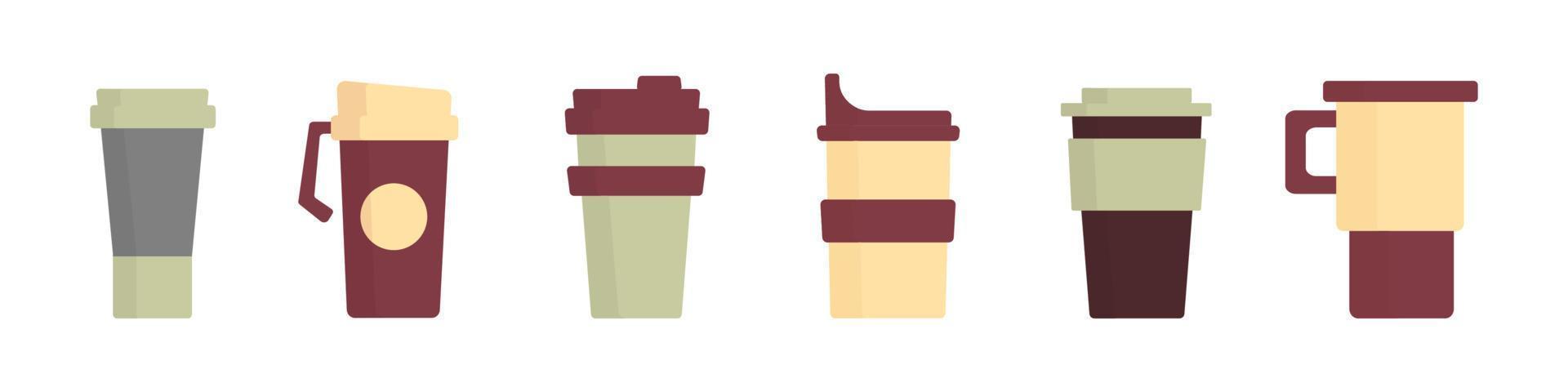 juego de botellas de café. ilustración plana de una taza para beber, agua. taza de viaje vectorial para té y vaso vector