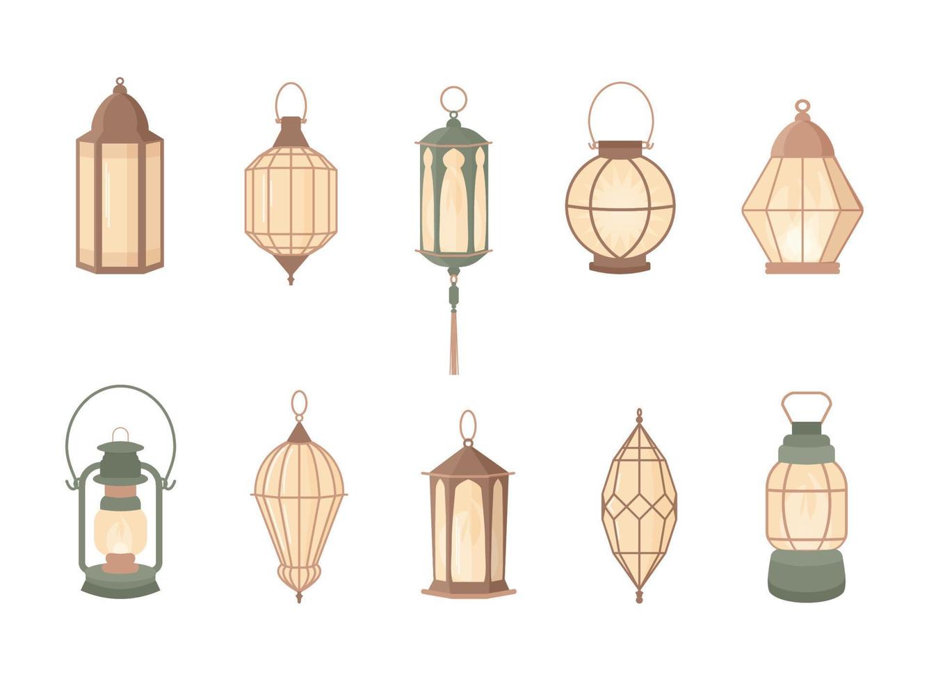 Ramadan lamp set in arabic style. Cartoon vector illustration design. Celebration background with islamic light lantern