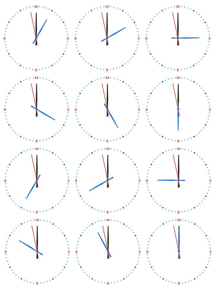 A set of mechanical clocks with an image of each of the twelve hours. Clock face on white background. vector