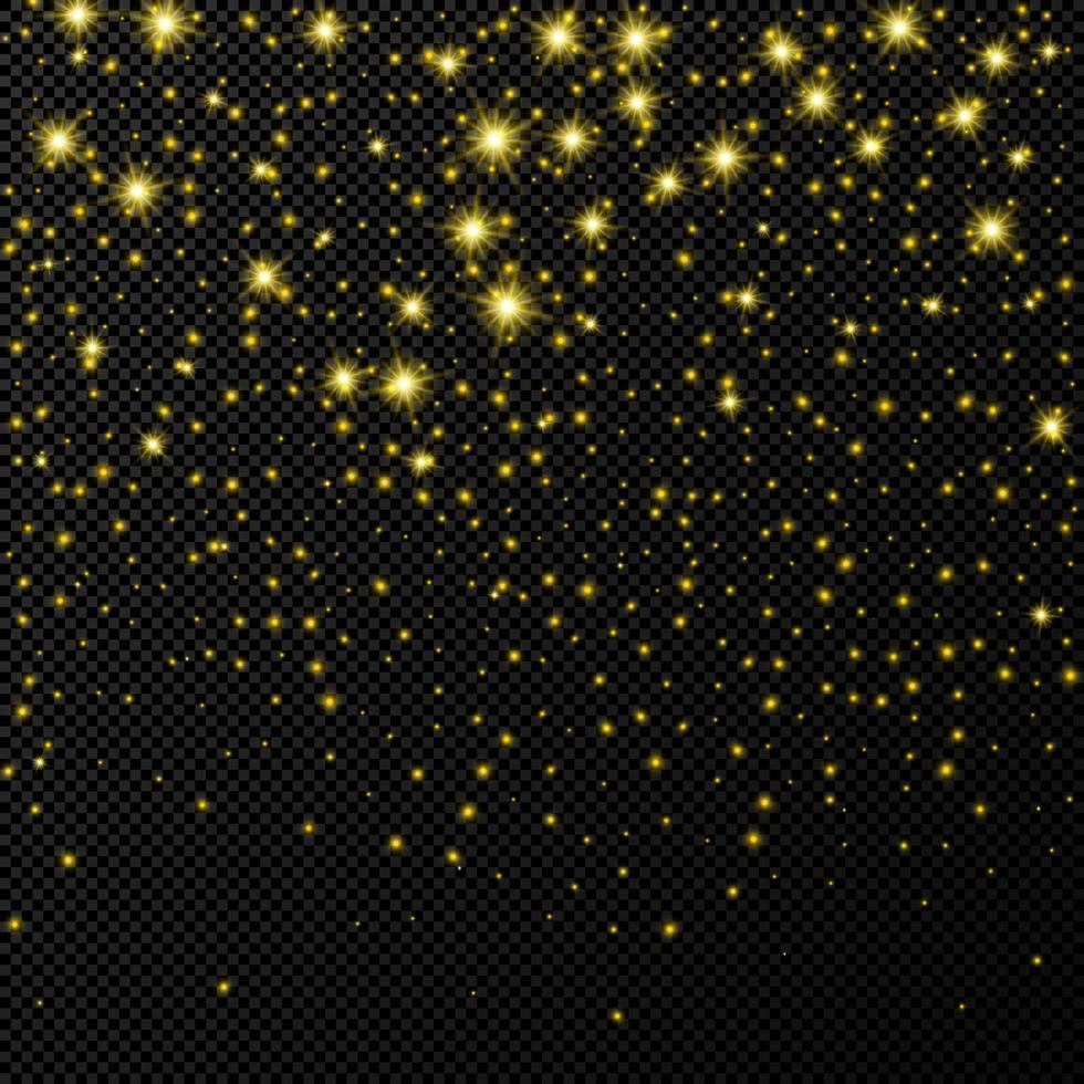 Gold backdrop with stars and dust sparkles isolated on dark transparent background. Celebratory magical Christmas shining light effect. Vector illustration.