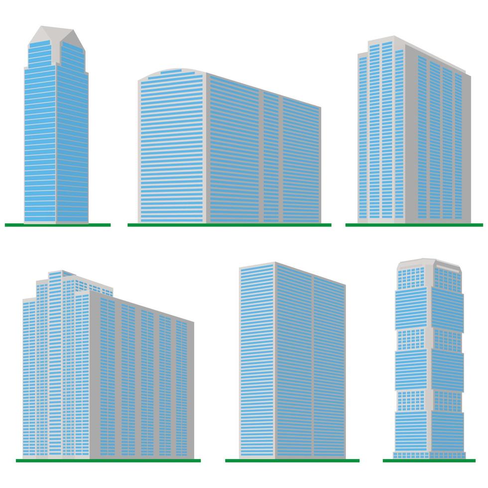 Set of six modern high-rise building on a white background. View of the building from the bottom. Isometric vector illustration.