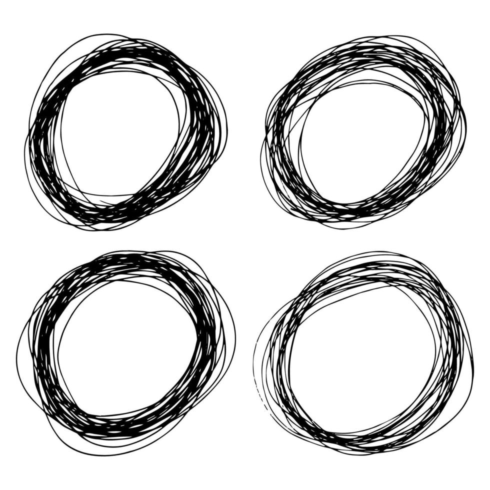 conjunto de cuatro formas de elipse dibujadas a mano de croquis. dibujo abstracto de garabatos a lápiz. ilustración vectorial vector