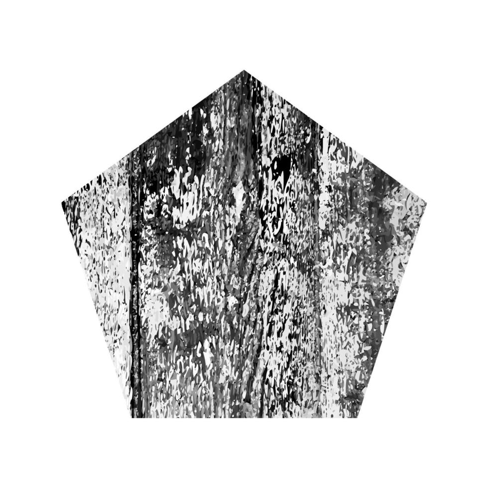Scratched pentagon. Dark figure with distressed grunge wood texture isolated on white background. Vector illustration.
