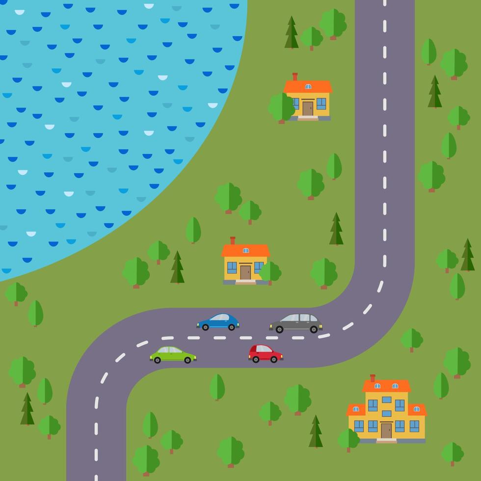 Plan of village. Landscape with the road, forest, lake, cars and three houses. Vector illustration