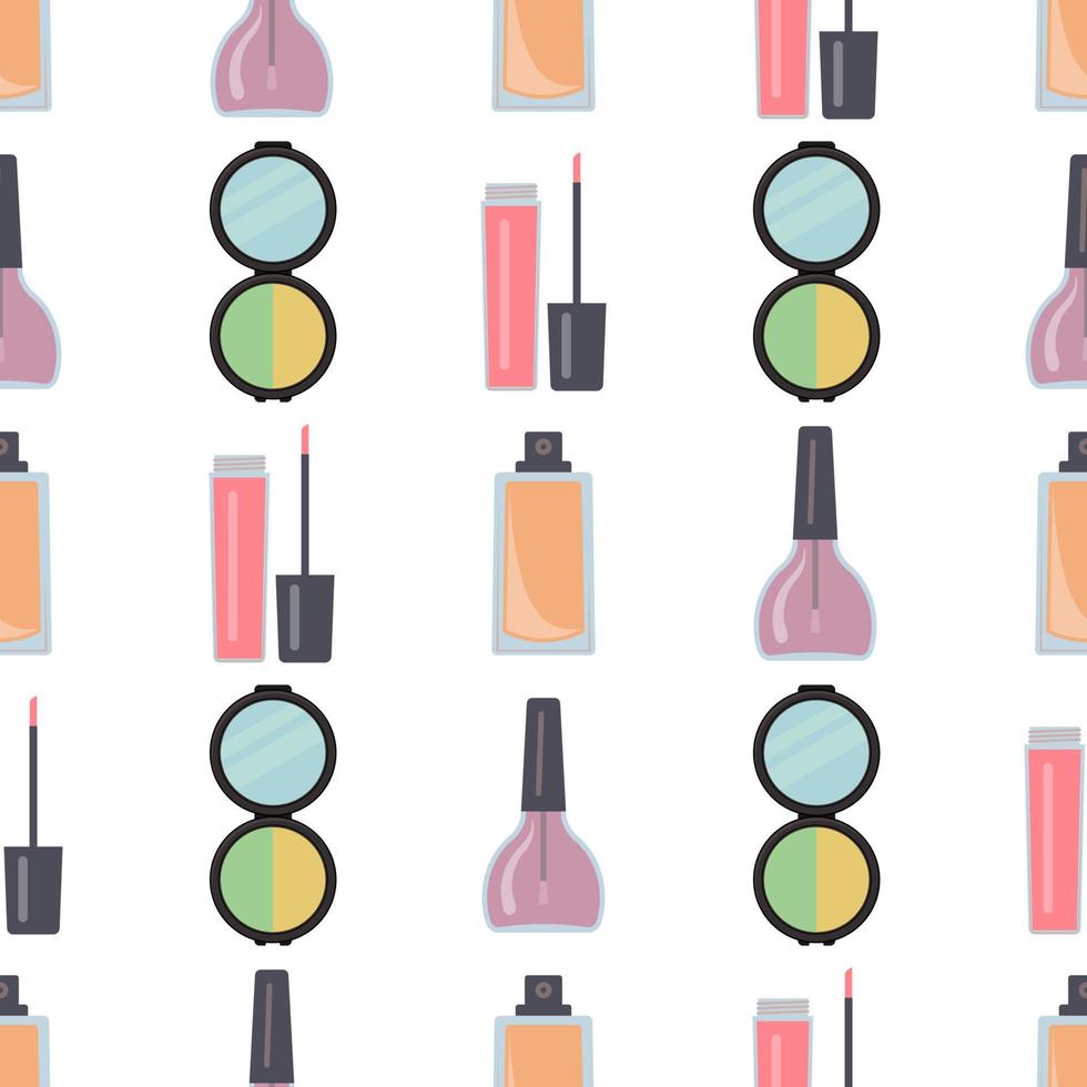Seamless pattern with makeup items in flat style. Vector illustration.