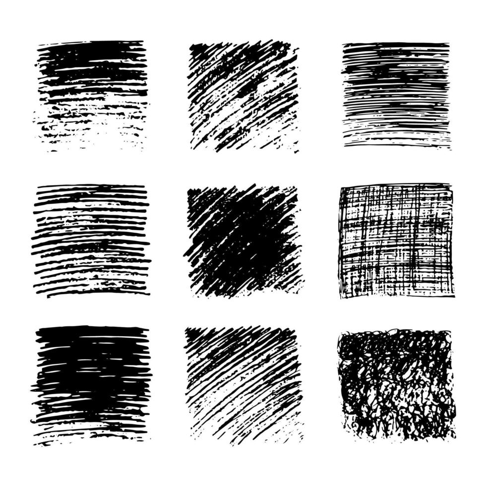 conjunto de nueve cuadrados de frotis de garabatos de croquis. garabato de lápiz dibujado a mano. ilustración vectorial vector