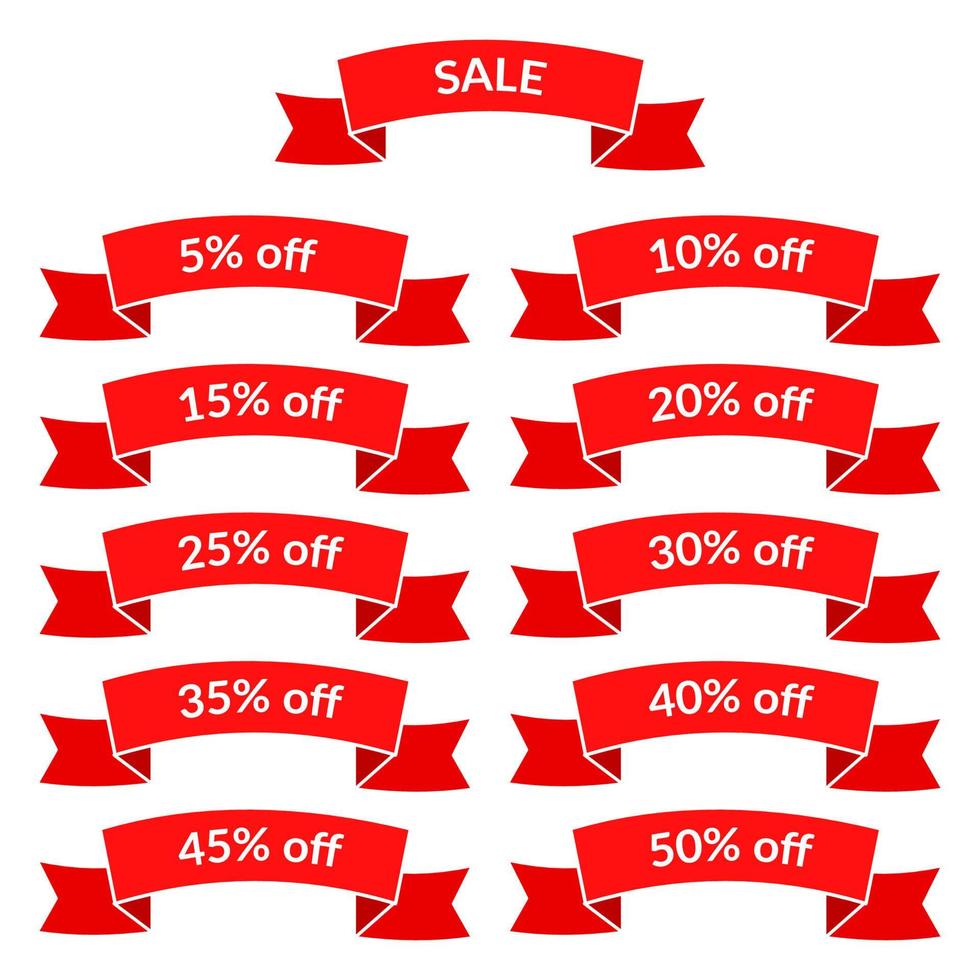 Set of red sale ribbons with different discount values. Sale label template. Vector illustration