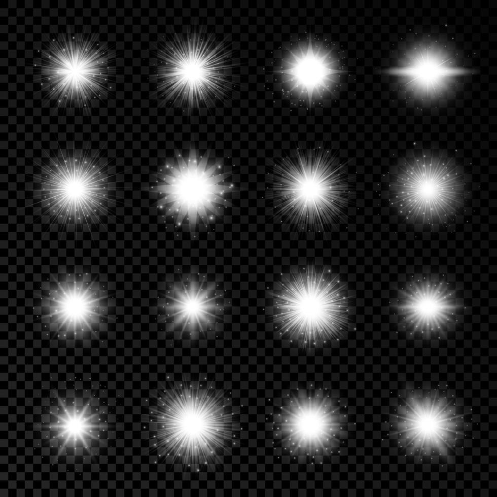 efecto de luz de destellos de lente. conjunto de dieciséis efectos de explosión de luces blancas brillantes con destellos sobre un fondo transparente. ilustración vectorial vector