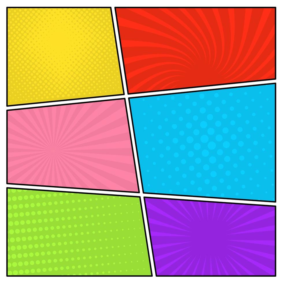 Colorful comic book page background in pop art style. Empty template with rays and dots pattern. Vector illustration
