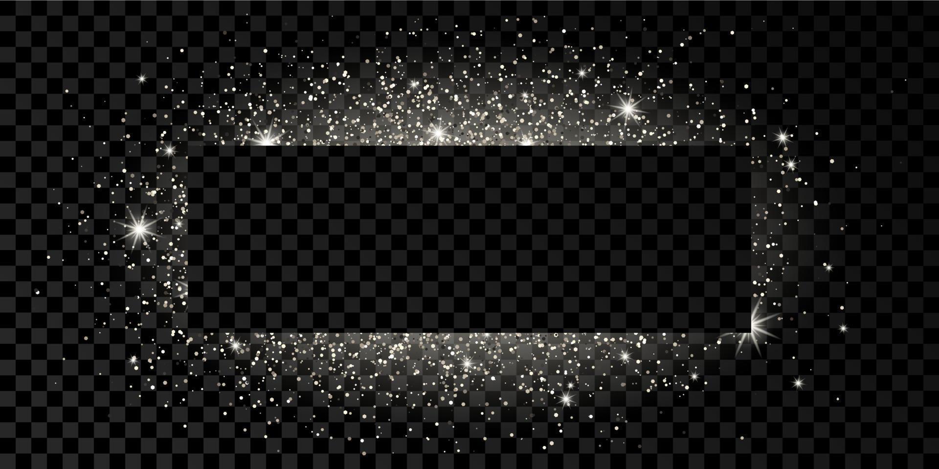 Silver rectangle frame with glitter, sparkles and flares on dark transparent background. Empty luxury backdrop. Vector illustration.