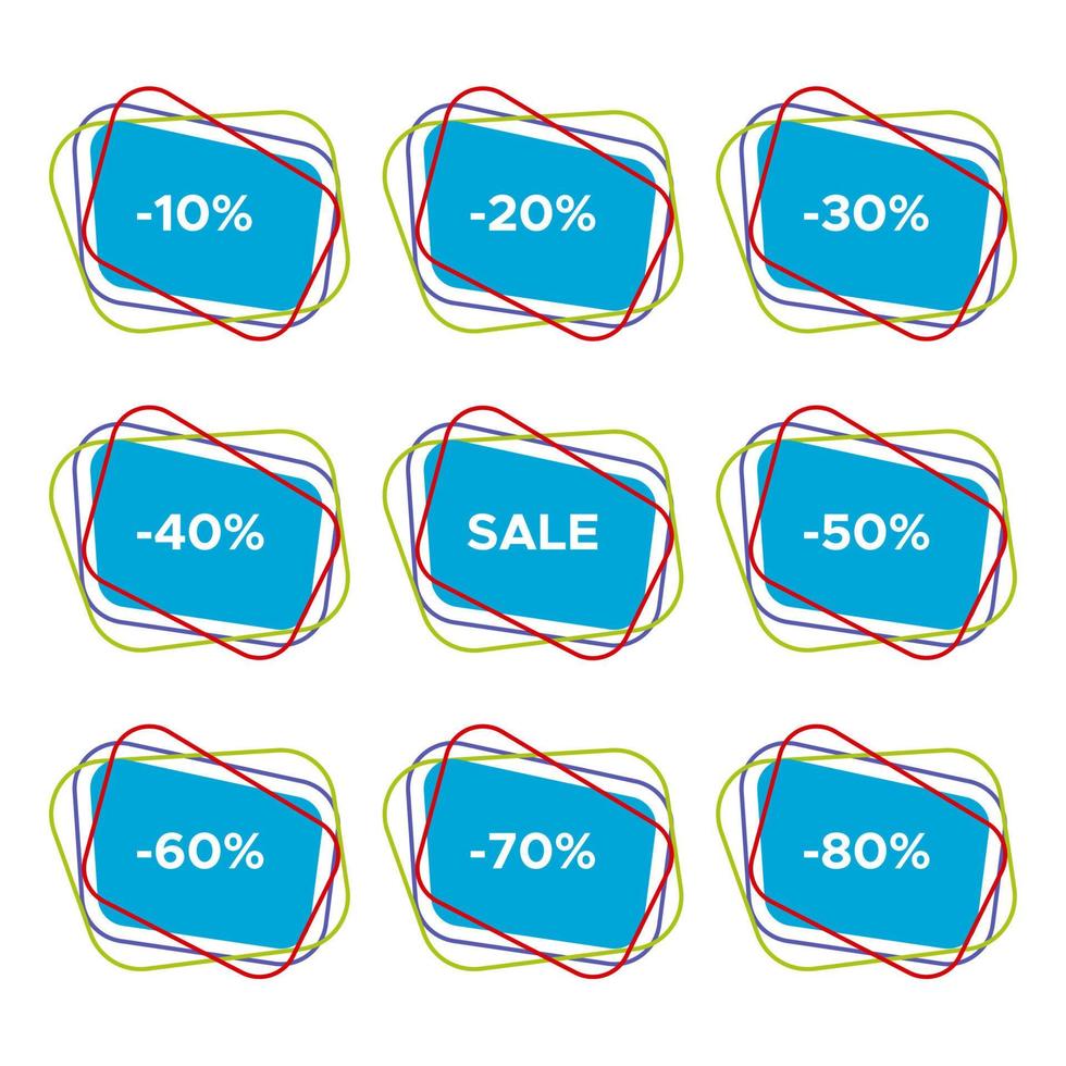 Set of nine sale stickers with different discount values. Sale label template. Vector illustration