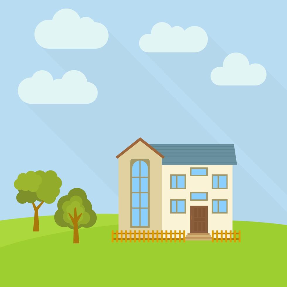 Lone two-storey house in a field with two green trees. Vector illustration.