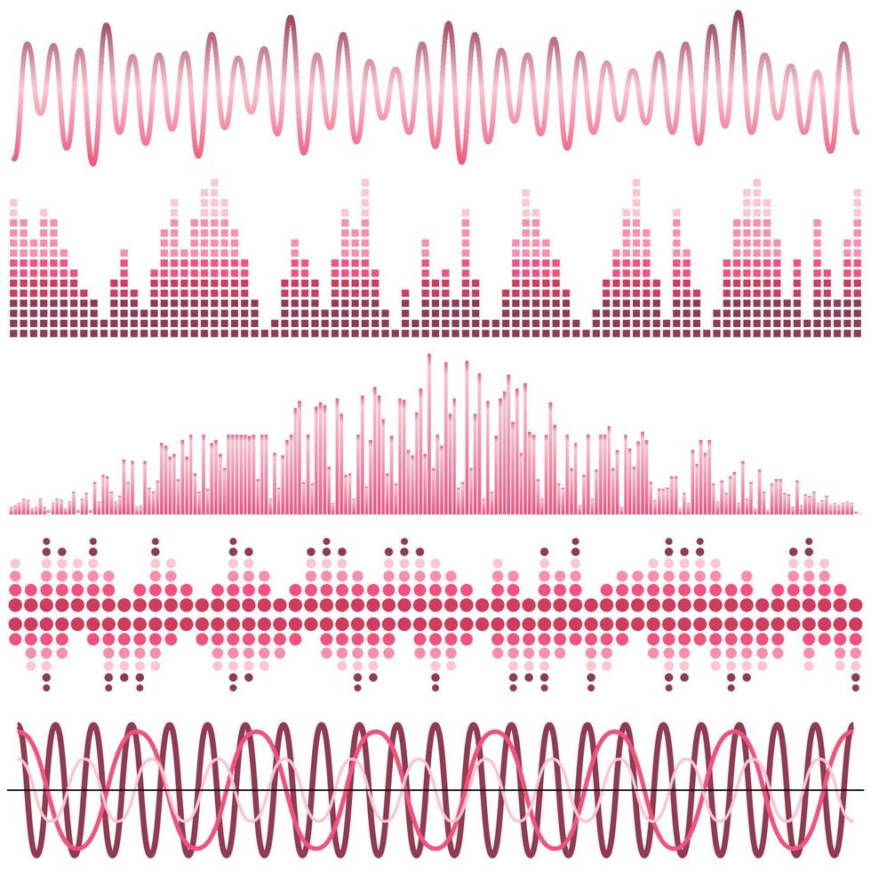 Vector set of pink sound waves. Audio equalizer. Sound and audio waves isolated on white background.