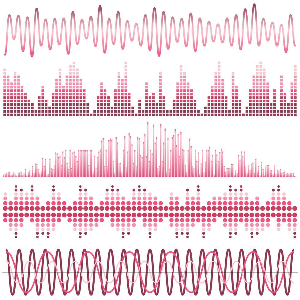 Vector set of pink sound waves. Audio equalizer. Sound and audio waves isolated on white background.