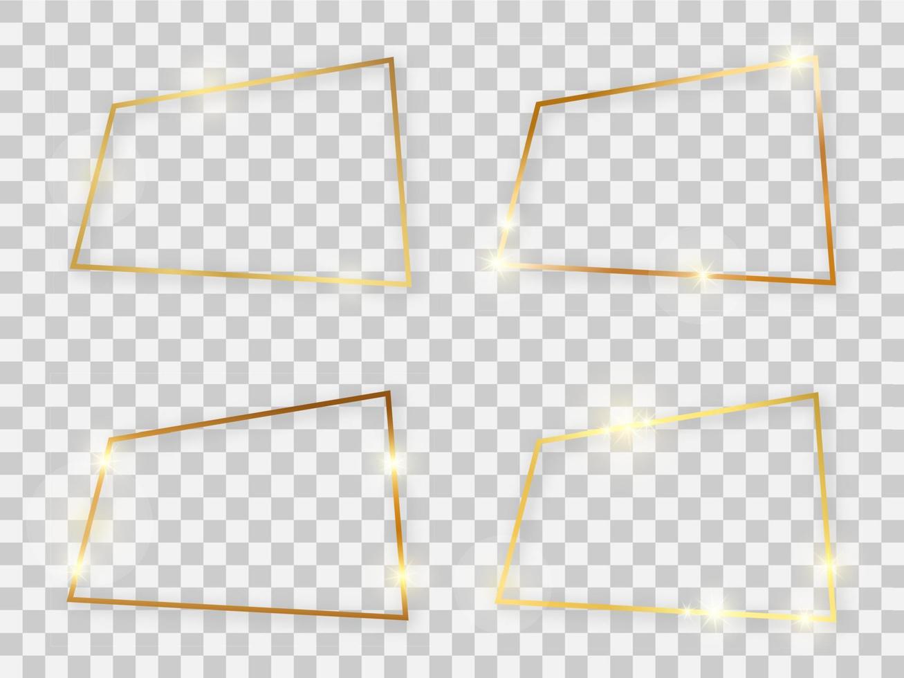 conjunto de cuatro marcos rectangulares dorados brillantes con efectos brillantes y sombras sobre fondo transparente. ilustración vectorial vector