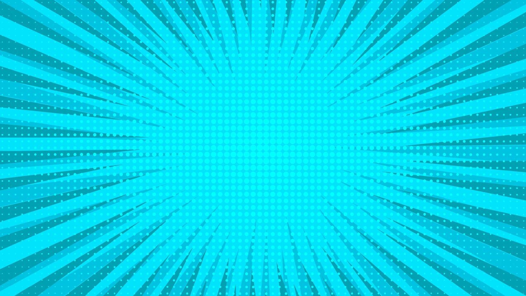 Blue comic book page background in pop art style with empty space. Template with rays, dots and halftone effect texture. Vector illustration