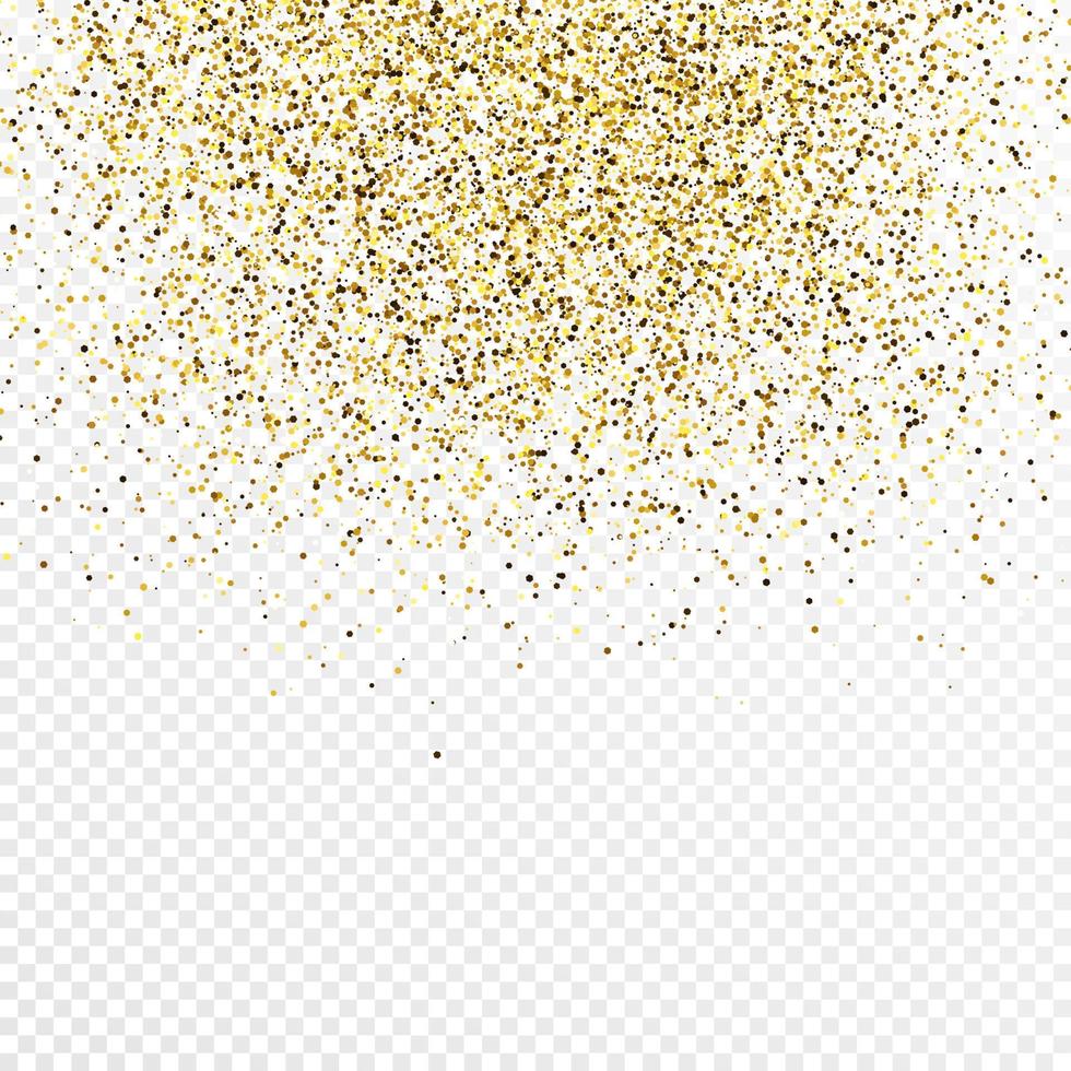 Gold glitter confetti backdrop isolated on white transparent background. Celebratory texture with shining light effect. Vector illustration.