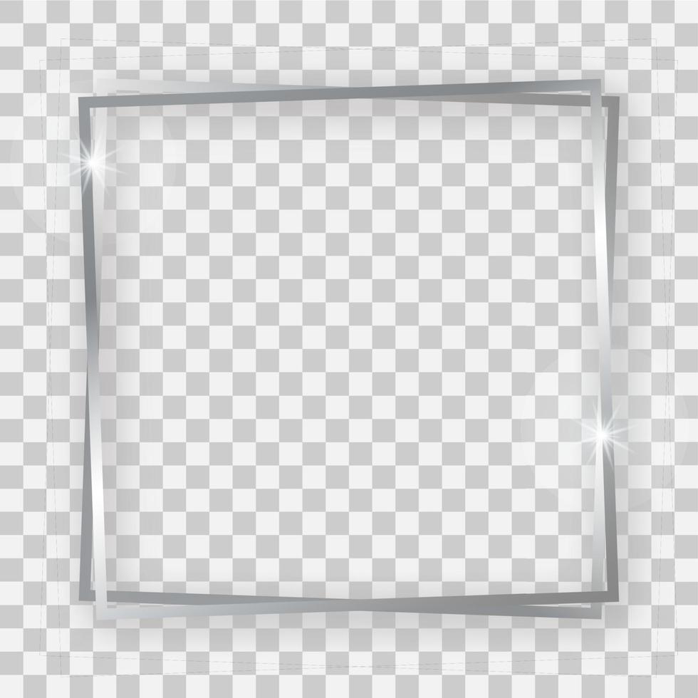 Double silver shiny square frame with glowing effects and shadows on transparent background. Vector illustration