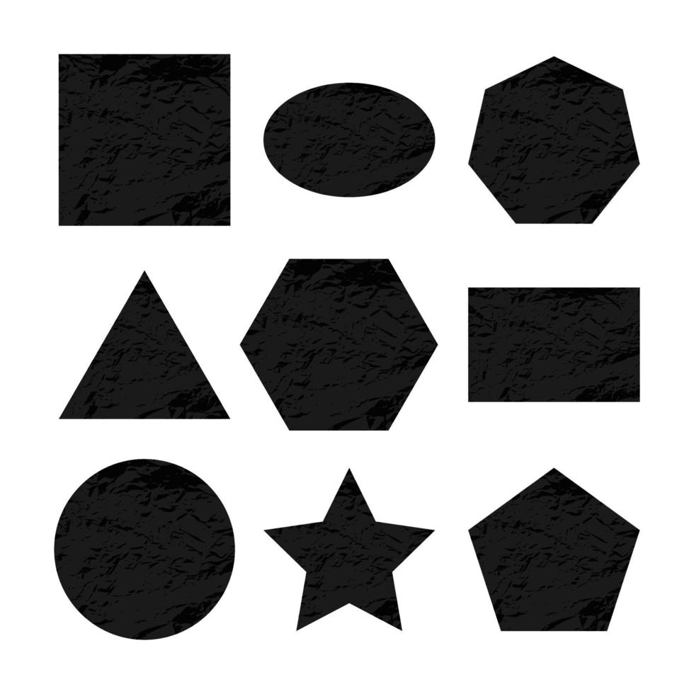 figuras geométricas rayadas. conjunto de nueve figuras oscuras con textura grunge angustiada aislado sobre fondo blanco. ilustración vectorial vector