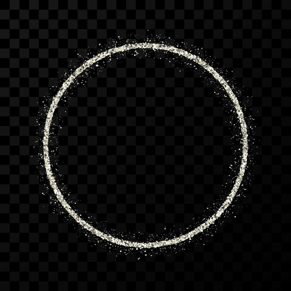 Silver glitter frame. Circle frame with shiny sparkles on dark transparent background. Vector illustration