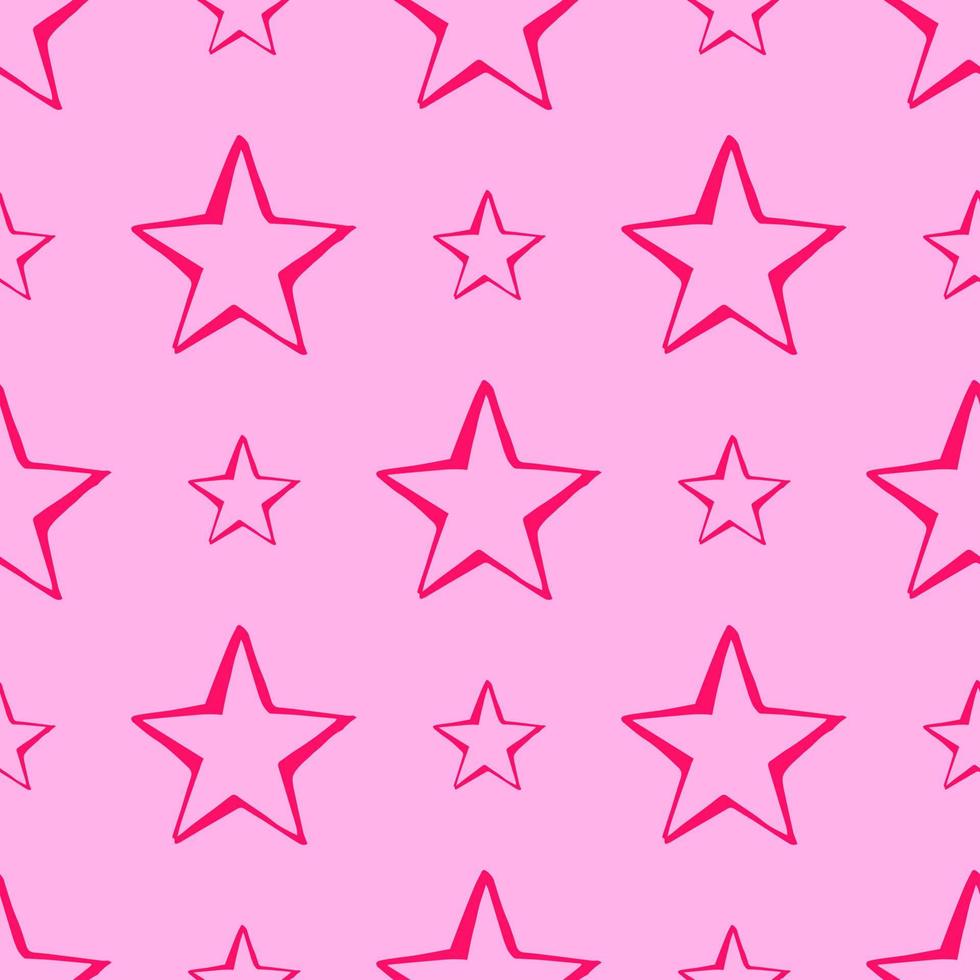 Seamless background of doodle stars. Pink hand drawn stars on pink background. Vector illustration