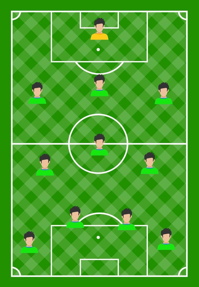 Football field with green grass and with eleven players. Vector illustration