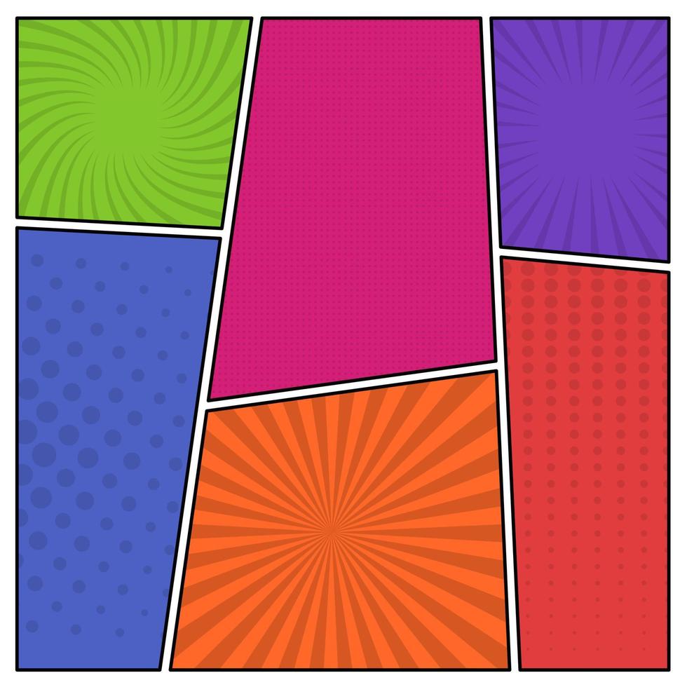Colorful comic book page background in pop art style. Empty template with rays and dots pattern. Vector illustration