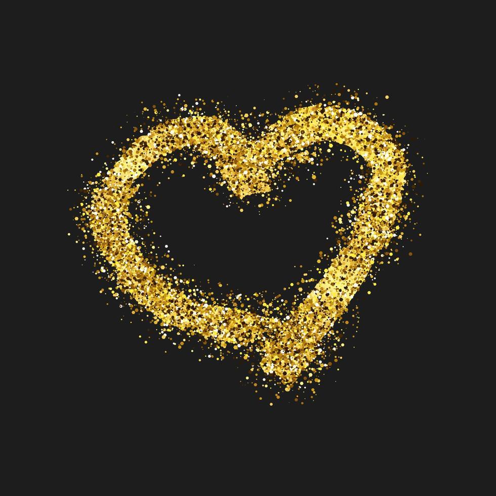 Gold glitter doodle heart on dark background. Gold grunge hand drawn heart. Romantic love symbol. Vector illustration.