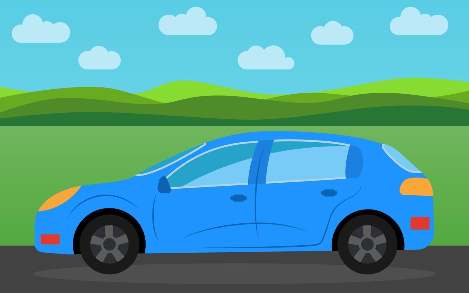 Blue sports car in the background of nature landscape in the daytime. Vector illustration.