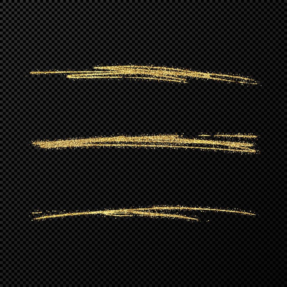 Abstract shiny confetti glittering waves. Set of three hand drawn brush golden strokes on black transparent background. Vector illustration