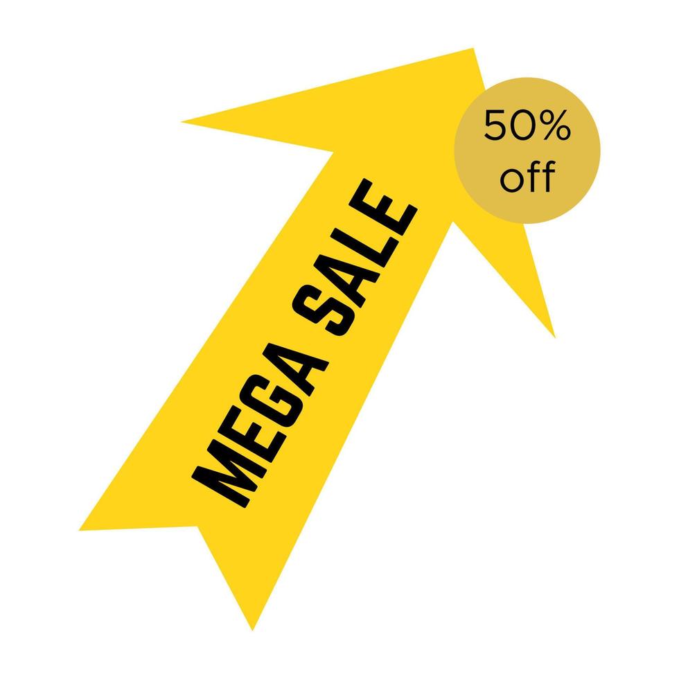 Yellow mega sale sticker in the form of an arrow with text. Sale label template. Vector illustration