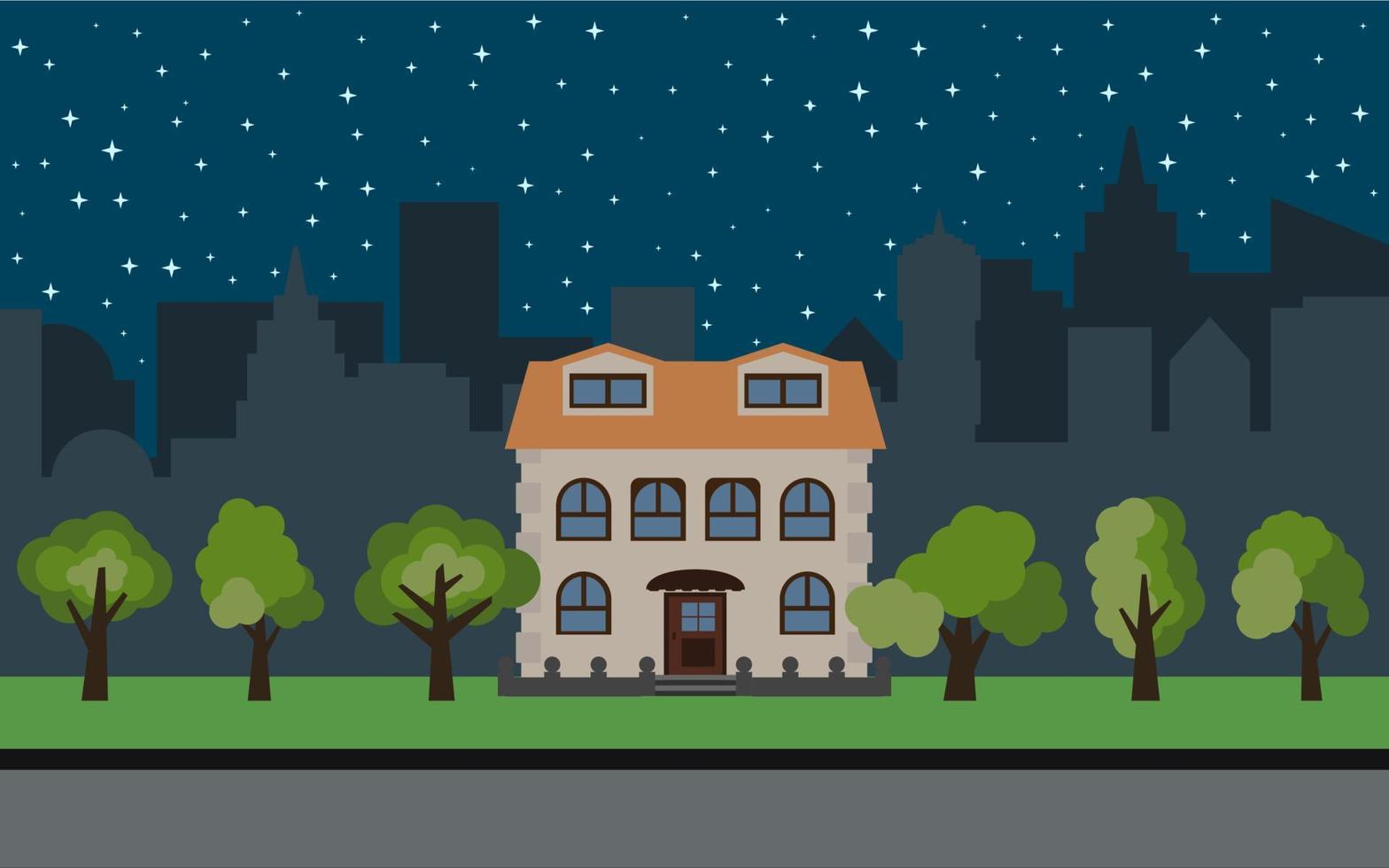 Vector city with two-story cartoon house and green trees at night. Summer urban landscape. Street view with cityscape on a background