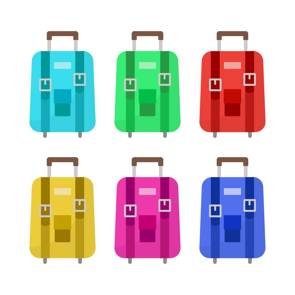 Set of six multicolored wheeled travel bag with luggage on white background. Suitcase for journey trip in flat style. Vector illustration