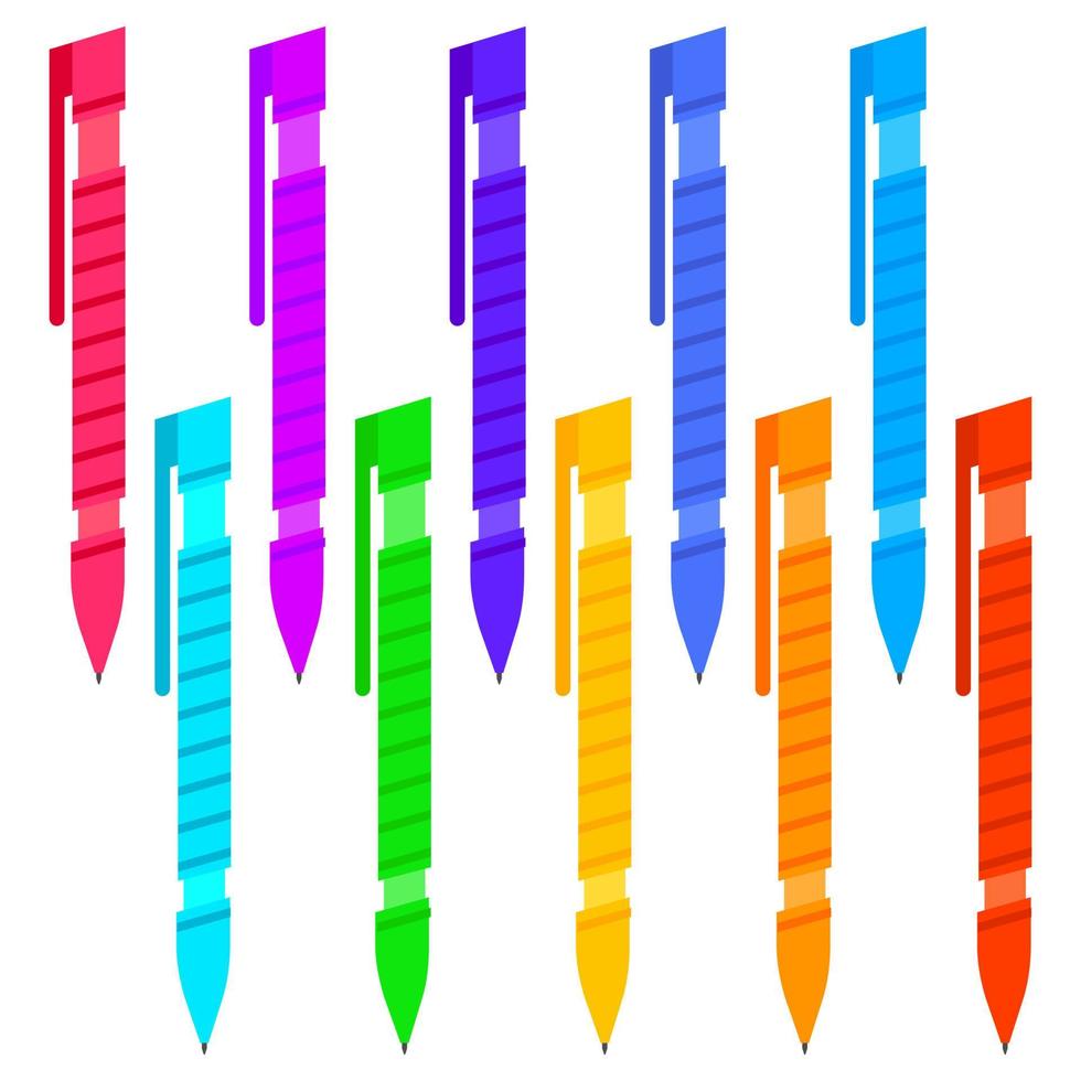 Set of multi-colored pens on a white background. Vector illustration.