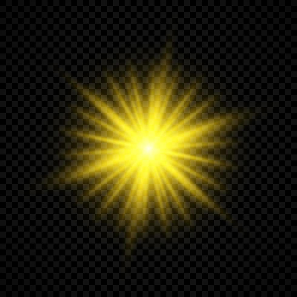Light effect of lens flares. Yellow glowing lights starburst effects with sparkles on a transparent background. Vector illustration