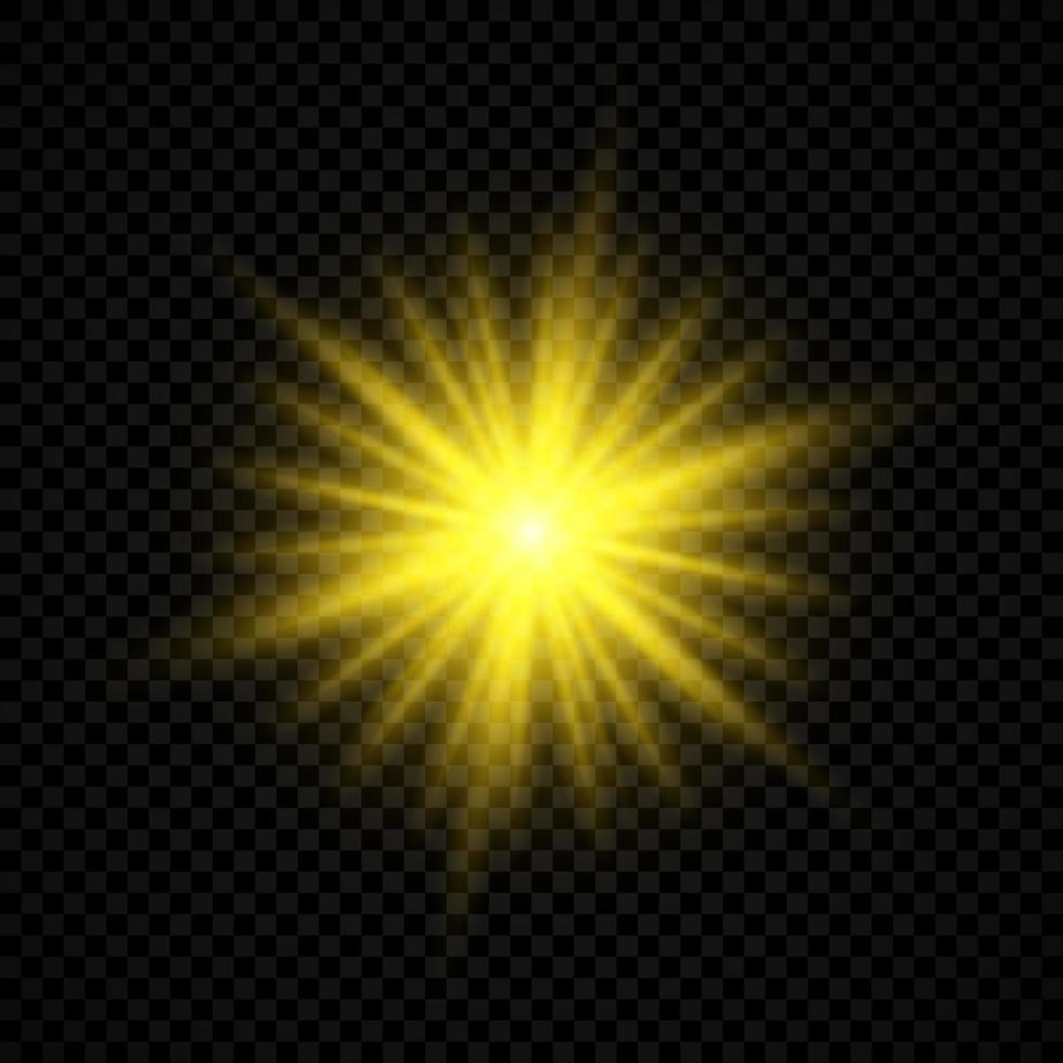 Light effect of lens flares. Yellow glowing lights starburst effects with sparkles on a transparent background. Vector illustration