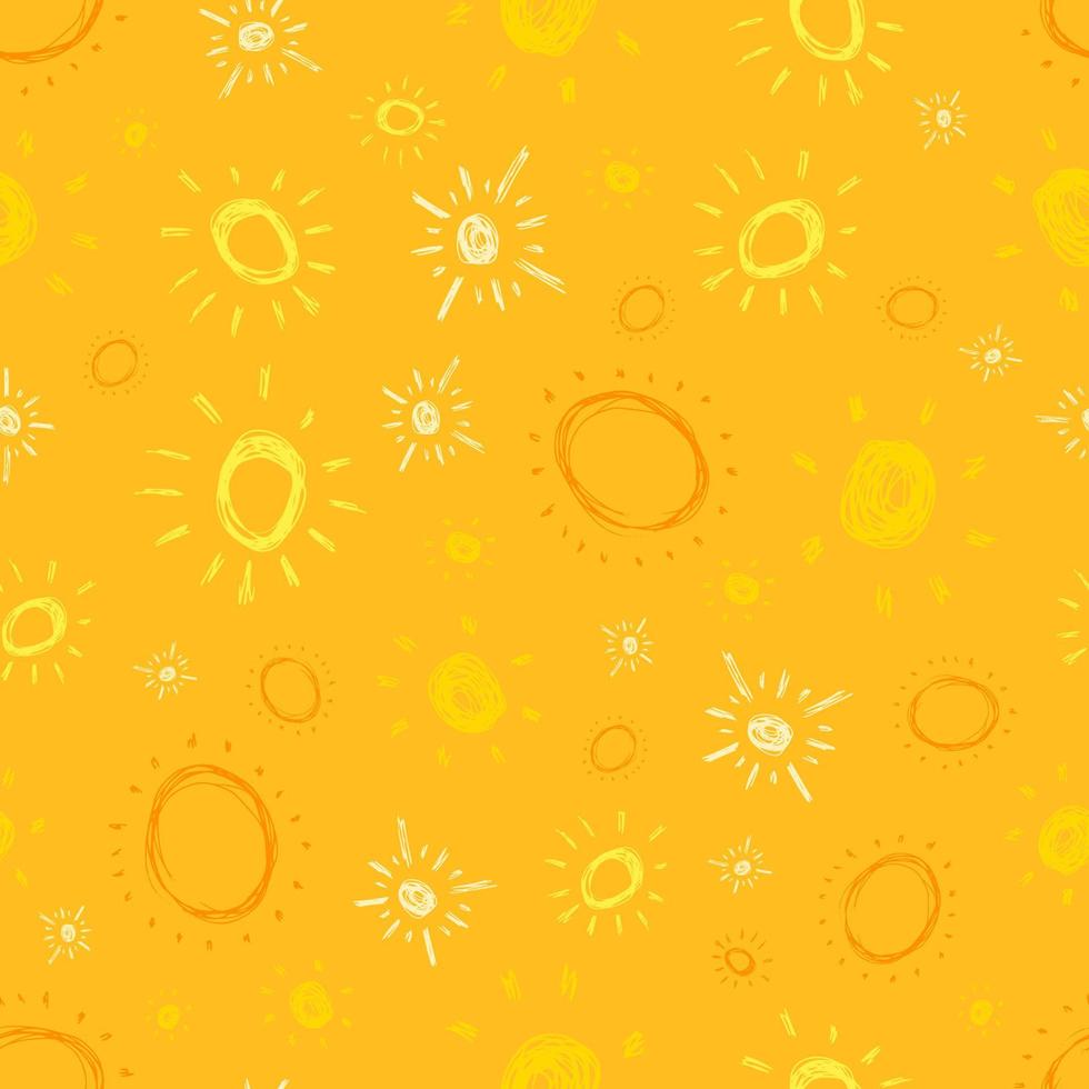 Hand drawn sun. Seamless pattern of simple sketch sun's. Solar symbol. Yellow doodle isolated on yellow background. Vector illustration.
