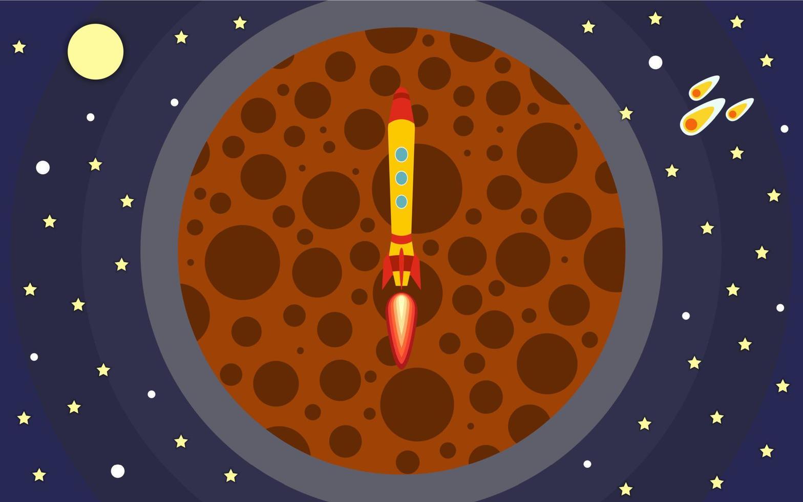 The rocket flies against the backdrop of the planet. The rocket in space. Space travel. Vector illustration with flying rocket.