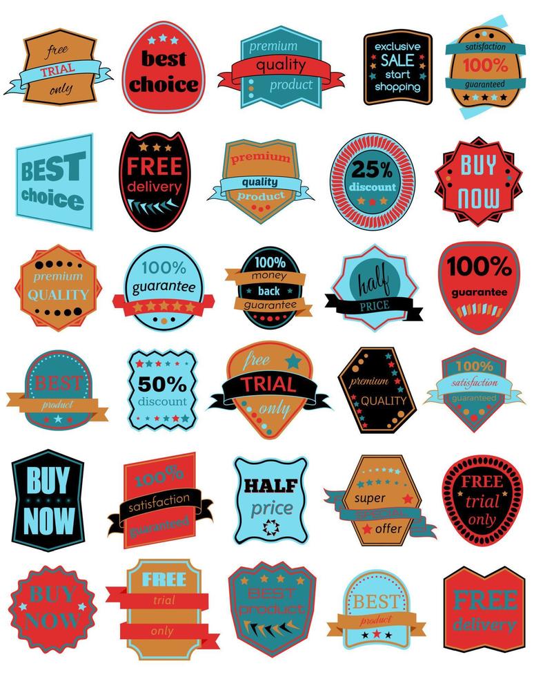 Set of Thirty Vector Badges with Ribbons. Web stickers and labels. Isolated vector illustration.