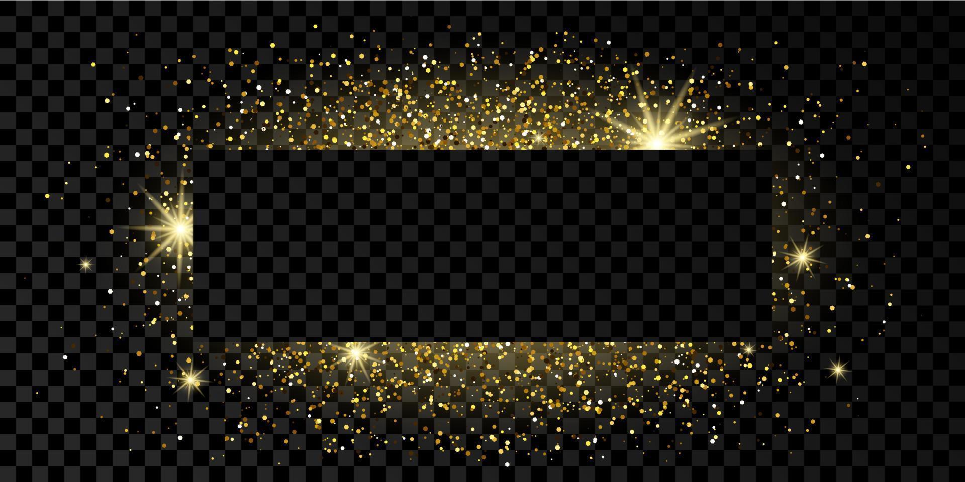 marco de rectángulo dorado con brillo, destellos y bengalas sobre fondo transparente oscuro. telón de fondo de lujo vacío. ilustración vectorial vector