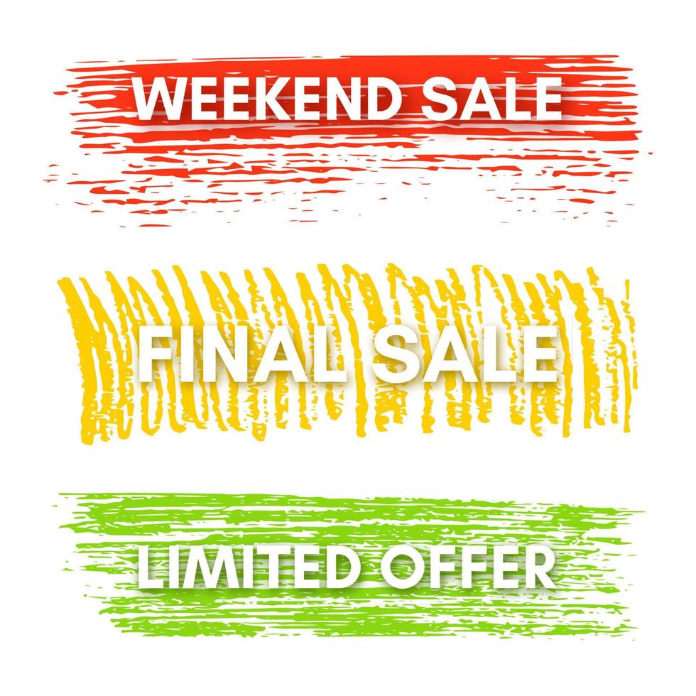 Weekend Sale, Final Sale, Limited Offer. Set of three sale banners on the colorful painted spots. Vector illustration