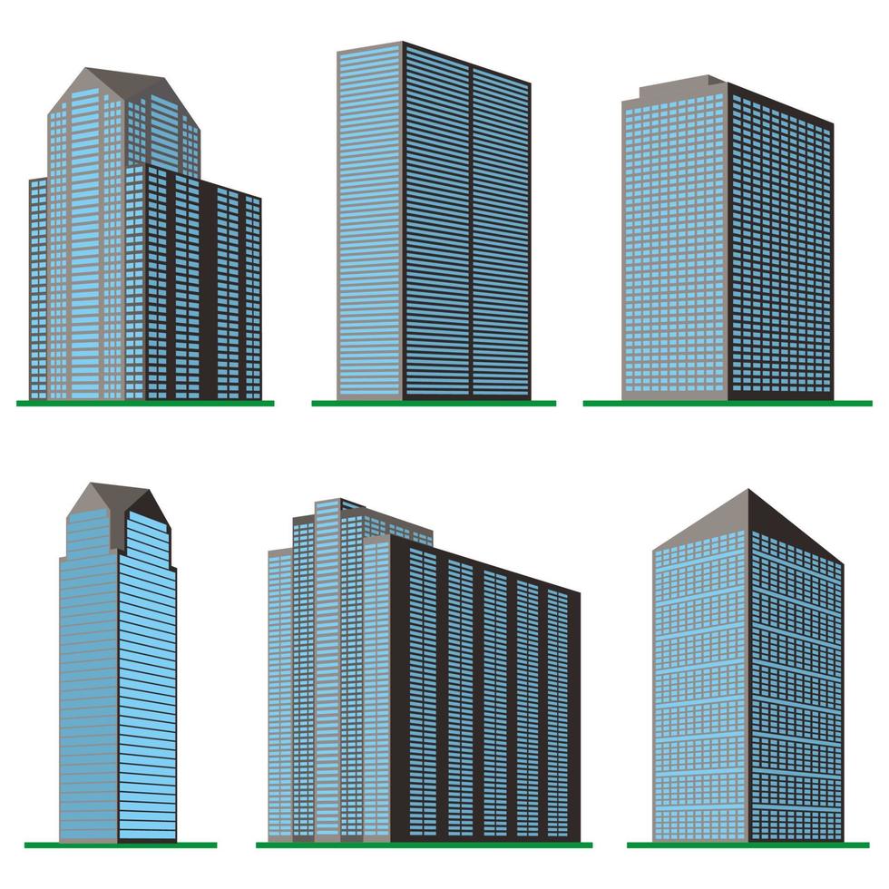 Set of six modern high-rise building on a white background. View of the building from the bottom. Isometric vector illustration.