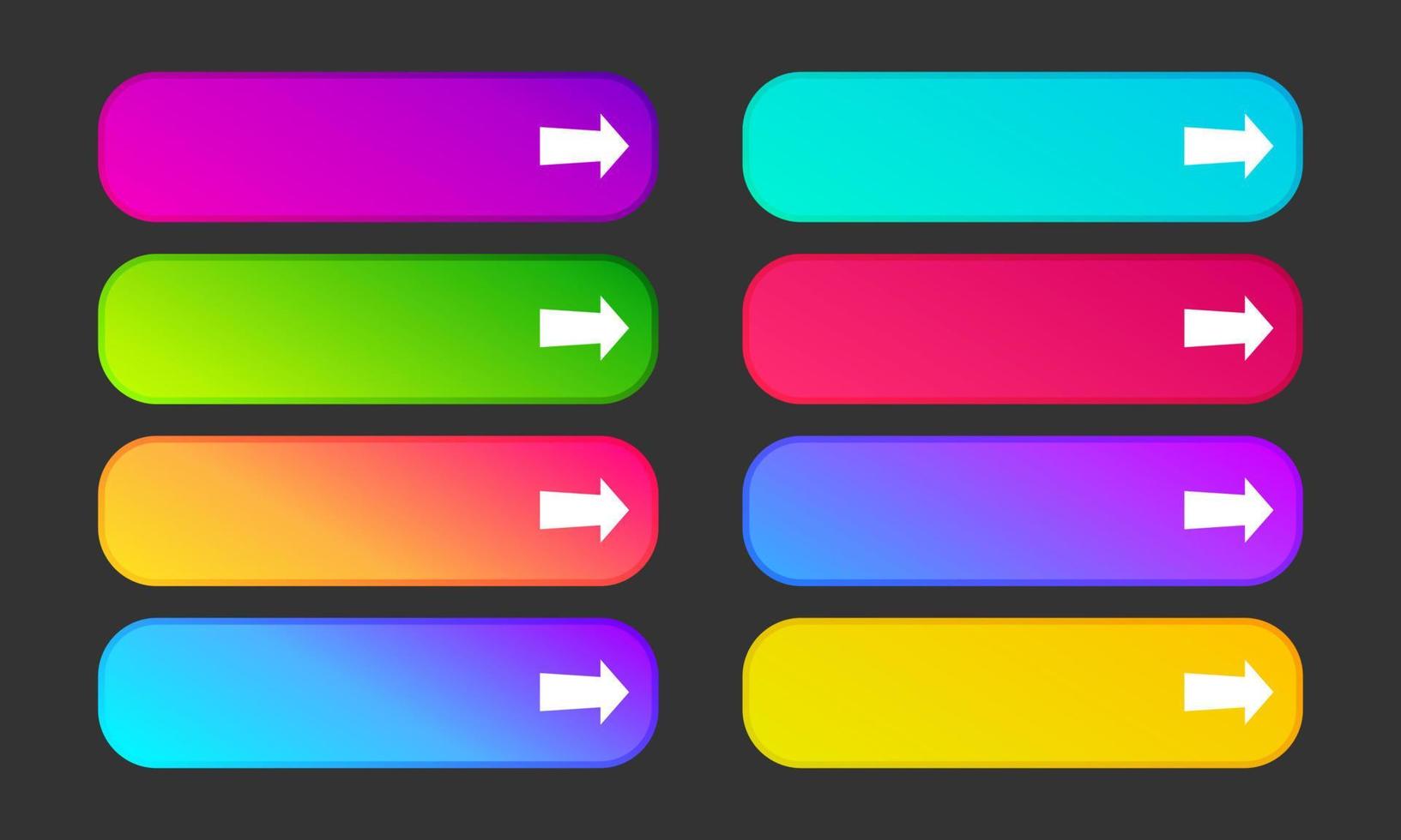 Colorful gradient buttons with arrows. Set of eight modern abstract web buttons. Vector illustration