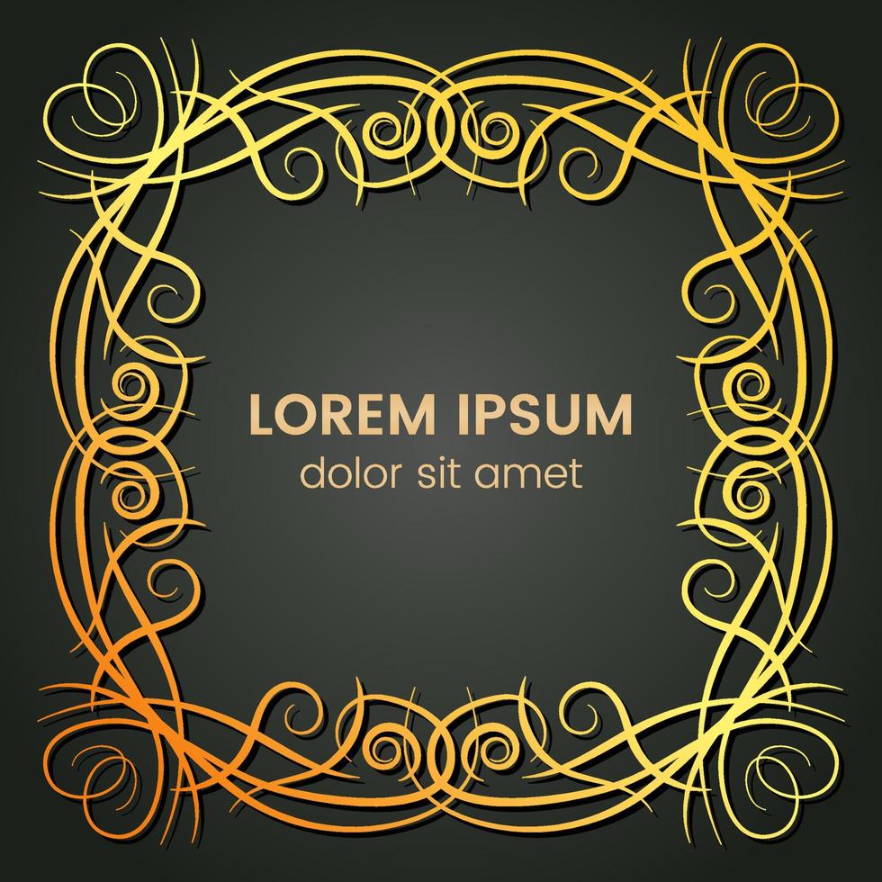 A square golden monogram element on a dark background. Vector illustration.
