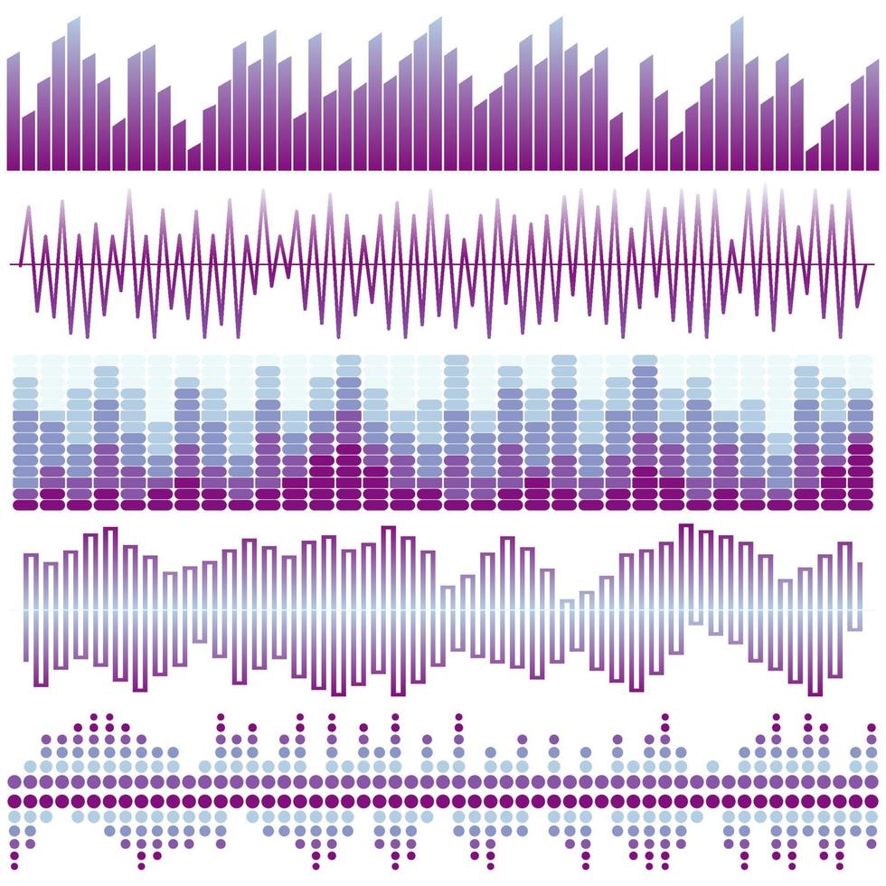 conjunto vectorial de ondas sonoras moradas. ecualizador de sonido ondas de sonido y audio aisladas sobre fondo blanco. vector