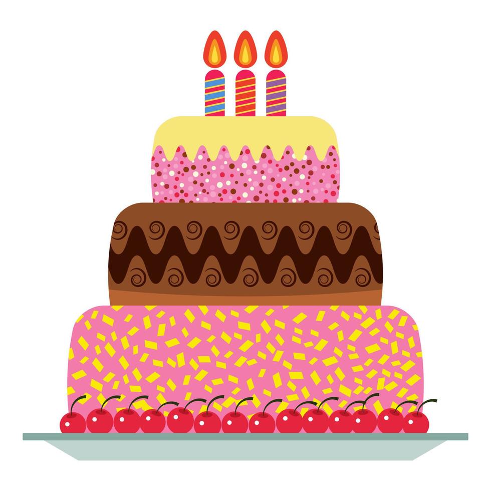 Sweet birthday cake with three burning candles. Colorful holiday dessert. Vector celebration background.