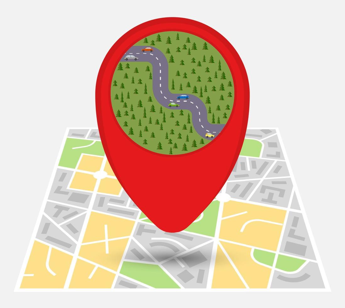 Map of an imaginary city with point on the map with the road in the park. Vector illustration.